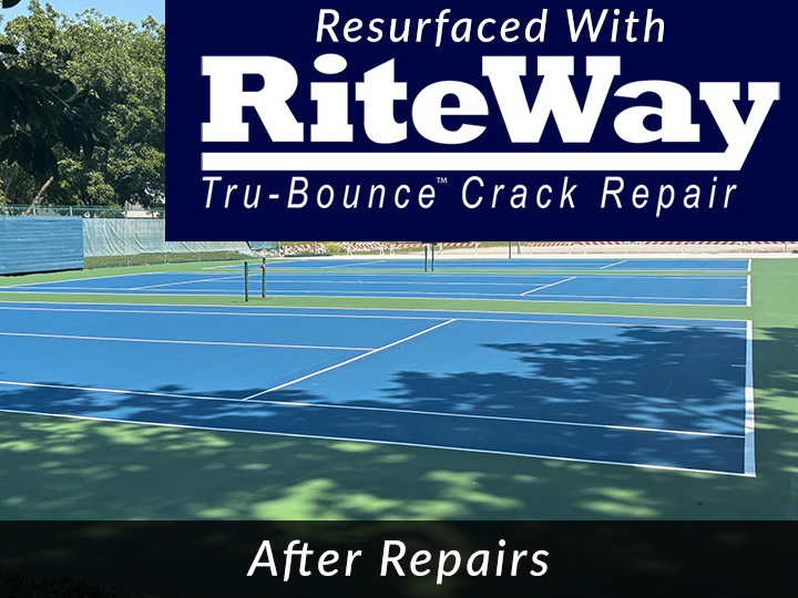 resurfaced blue tennis court using the Rite Way Tru Bounce Crack Repair system