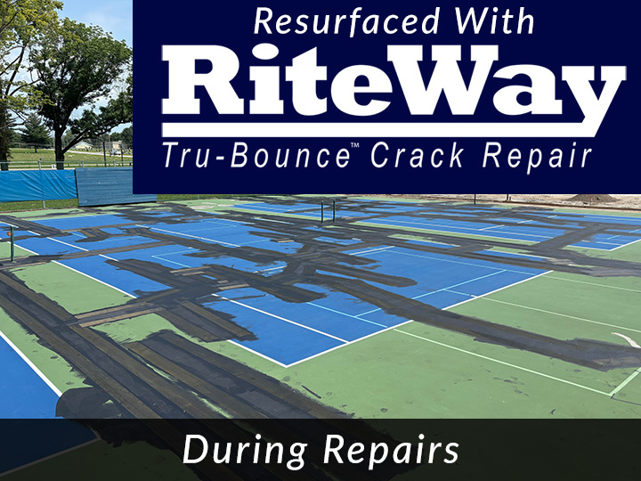 image 1 of a tennis court being resurfaced using the Rite Way Tru Bounce Crack Repair system